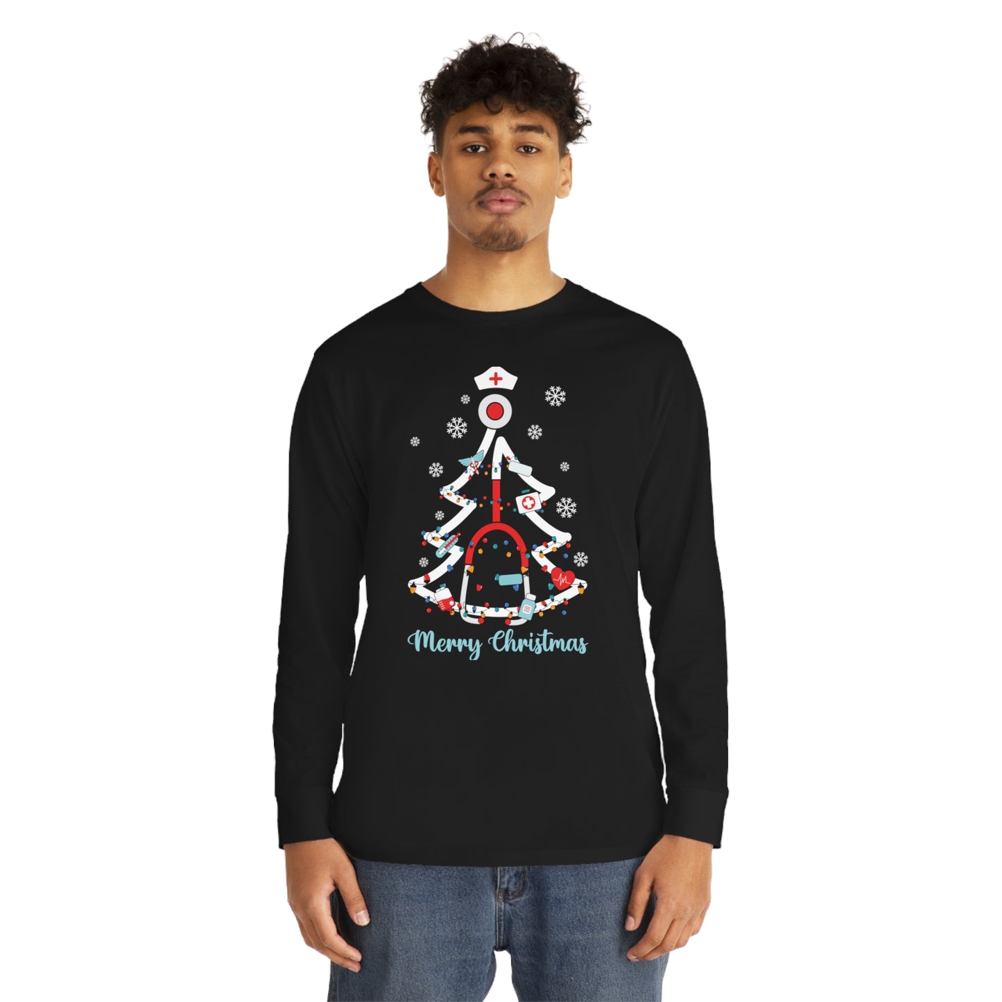 Merry Christmas Stethoscope Christmas Tree Medical Nurse Long Sleeve Tee