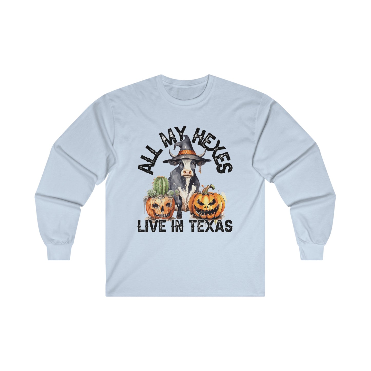 All My Hexes Live In Texas Cow With Pumpkins Halloween Long Sleeve Tee