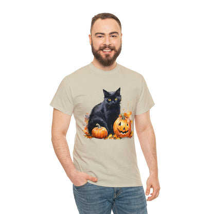 Black Cat with Pumpkin Halloween Short Sleeve Tee