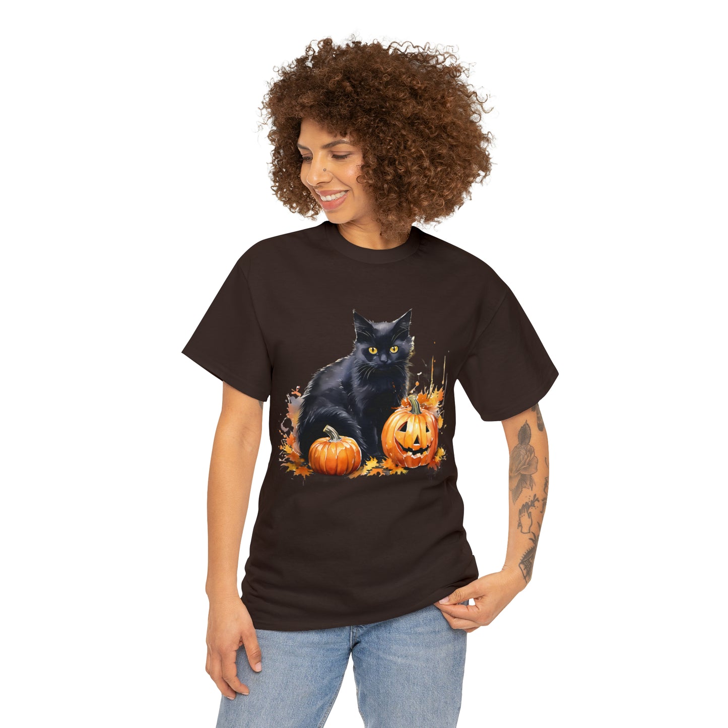 Black Cat with Pumpkin Halloween Short Sleeve Tee