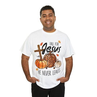 Fall For Jesus He Never Leaves Christian Halloween Short Sleeve Tee