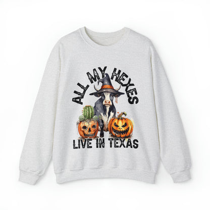 All My Hexes Live In Texas Cow With Pumpkins Halloween Sweatshirt