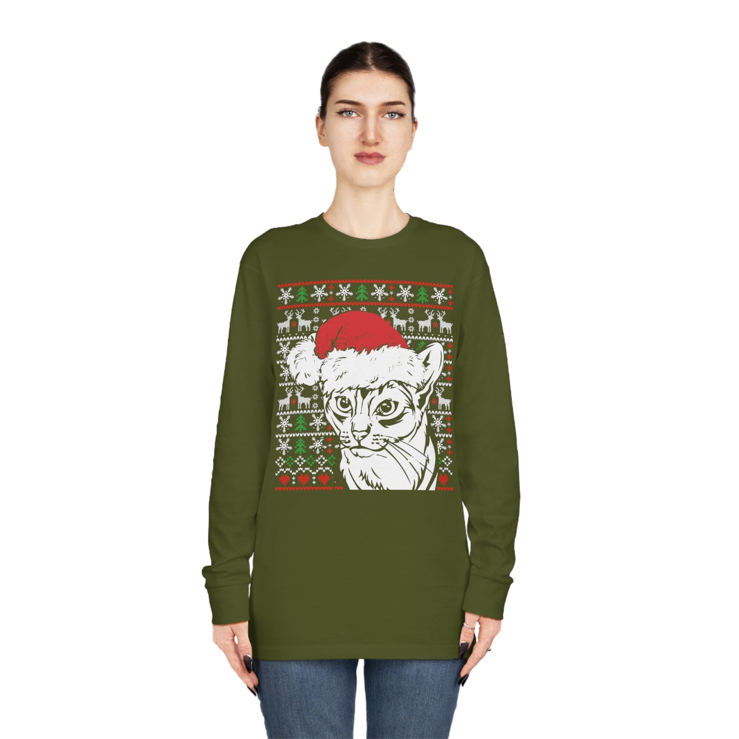 Cat in Santa Hat Christmas Ugly Sweater Long Sleeve T-shirt