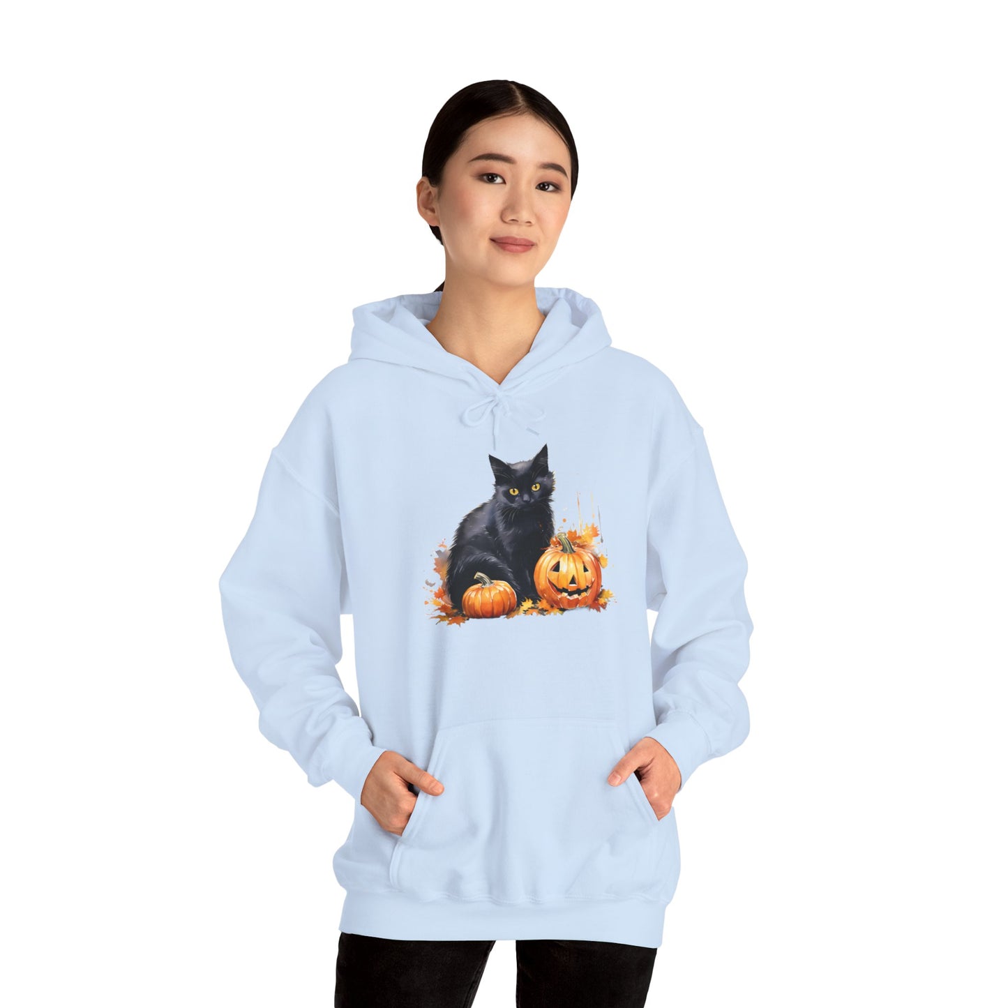 Black Cat with Pumpkin Halloween Pullover Hoodie