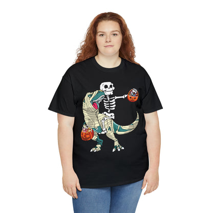 Skeleton Riding Mummy Dinosaur Halloween Short Sleeve Tee