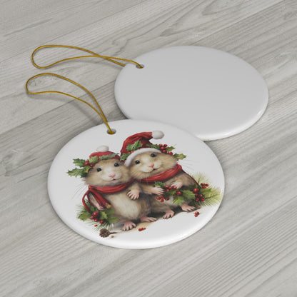 Two Mice in Santa Hats Christmas Ceramic Ornament