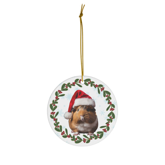 American Guinea Pig in Santa Hat Tri Color Christmas Ceramic Ornament