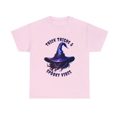 Thick Thighs And Spooky Vibes Witch Hat Halloween Short Sleeve Tee