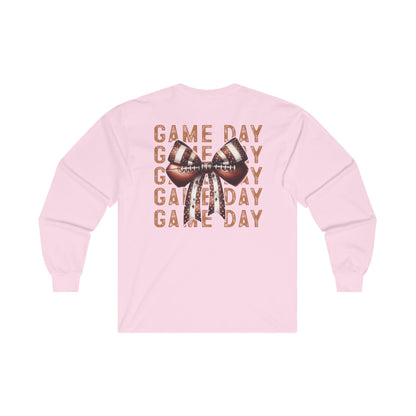 Football Game Day Shirt Mom Dad Parent Football Lover Coquette Bows Long Sleeve T-Shirt