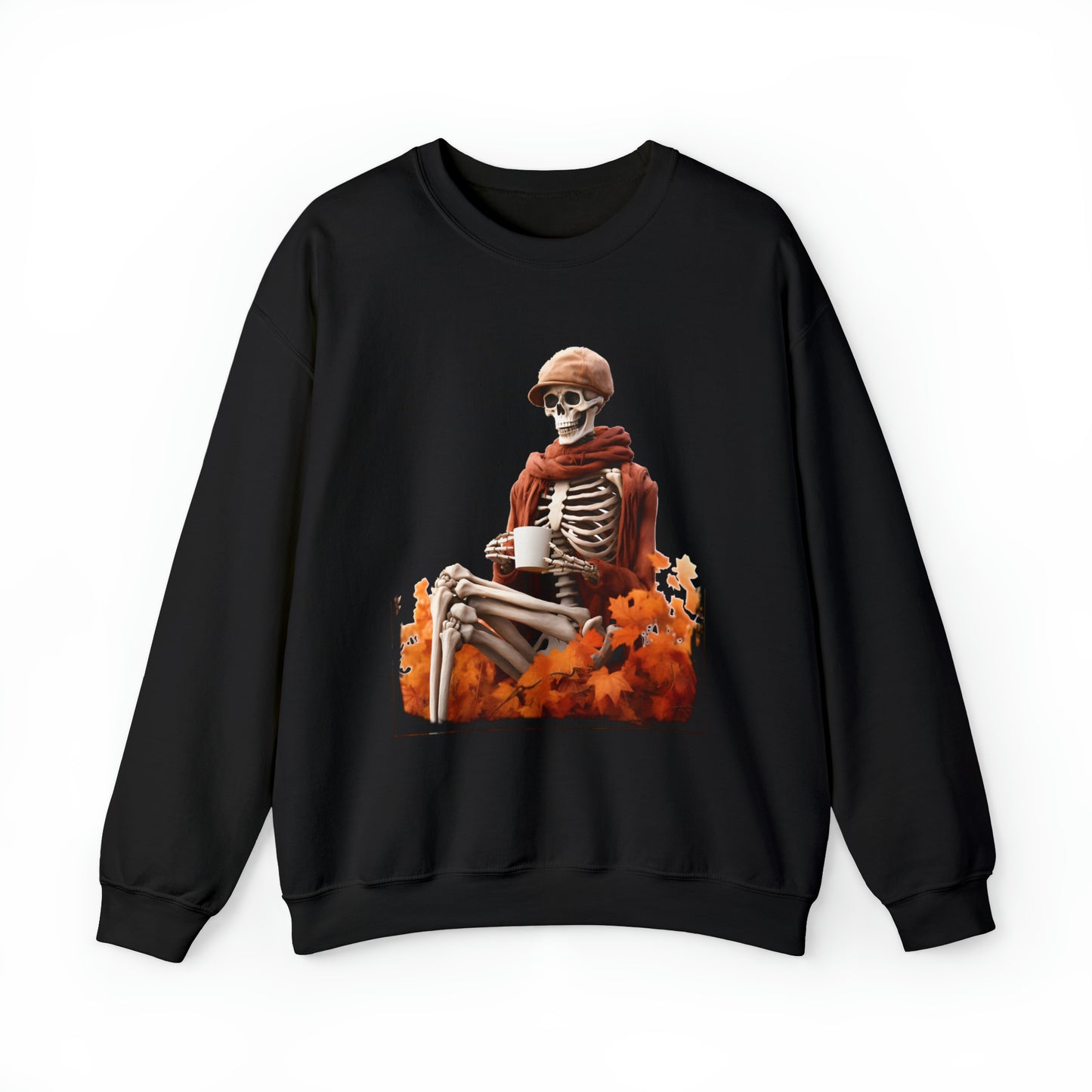 Skeleton in Fedora Sitting With Fall Leaves Halloween Sweatshirt