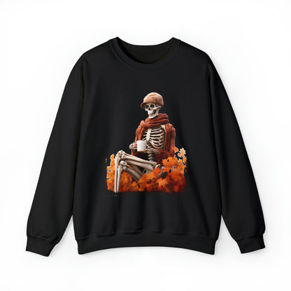 Skeleton in Fedora Sitting With Fall Leaves Halloween Sweatshirt