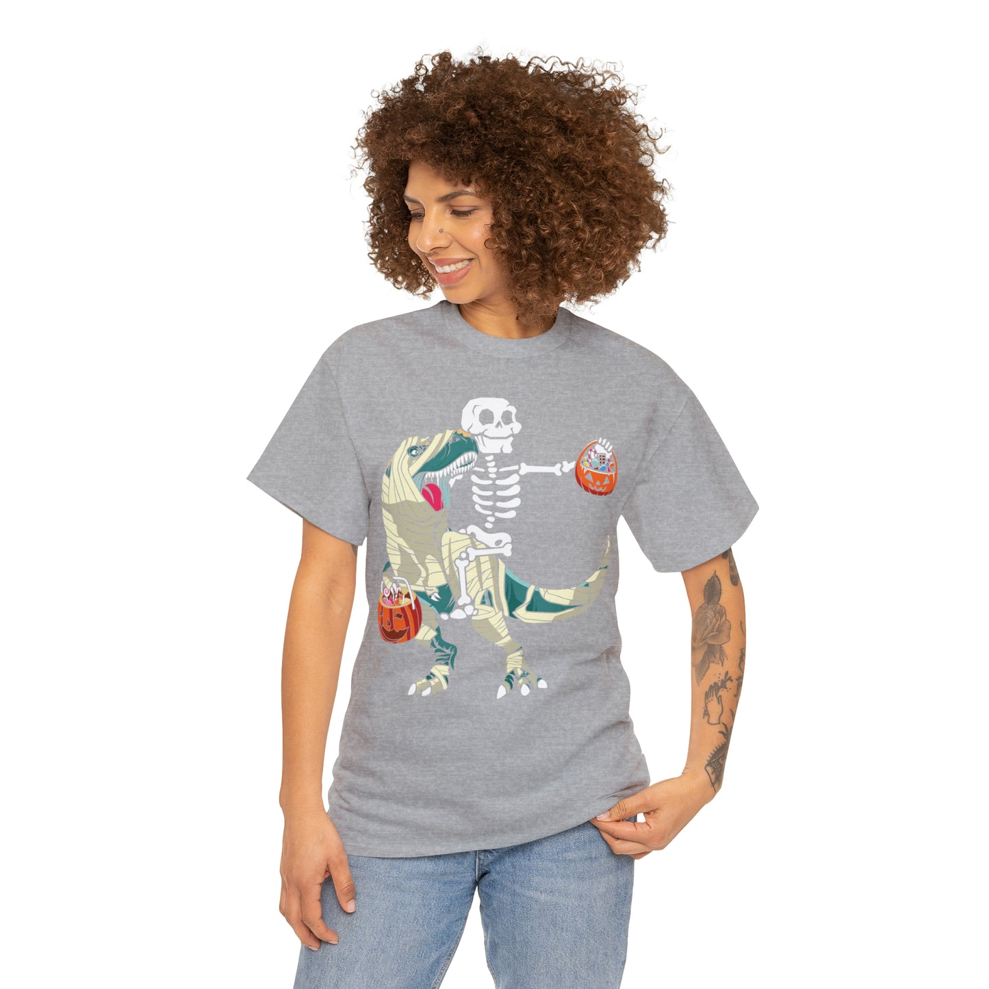 Skeleton Riding Mummy Dinosaur Halloween Short Sleeve Tee