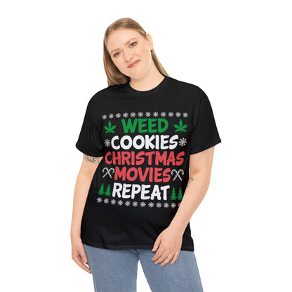 Weed Cookies Christmas Movies Repeat Christmas Ugly Sweater Short Sleeve Tee