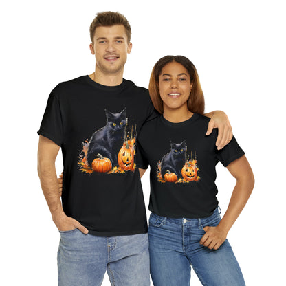 Black Cat with Pumpkin Halloween Short Sleeve Tee