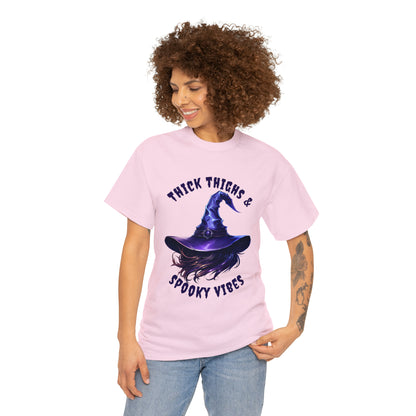 Thick Thighs And Spooky Vibes Witch Hat Halloween Short Sleeve Tee