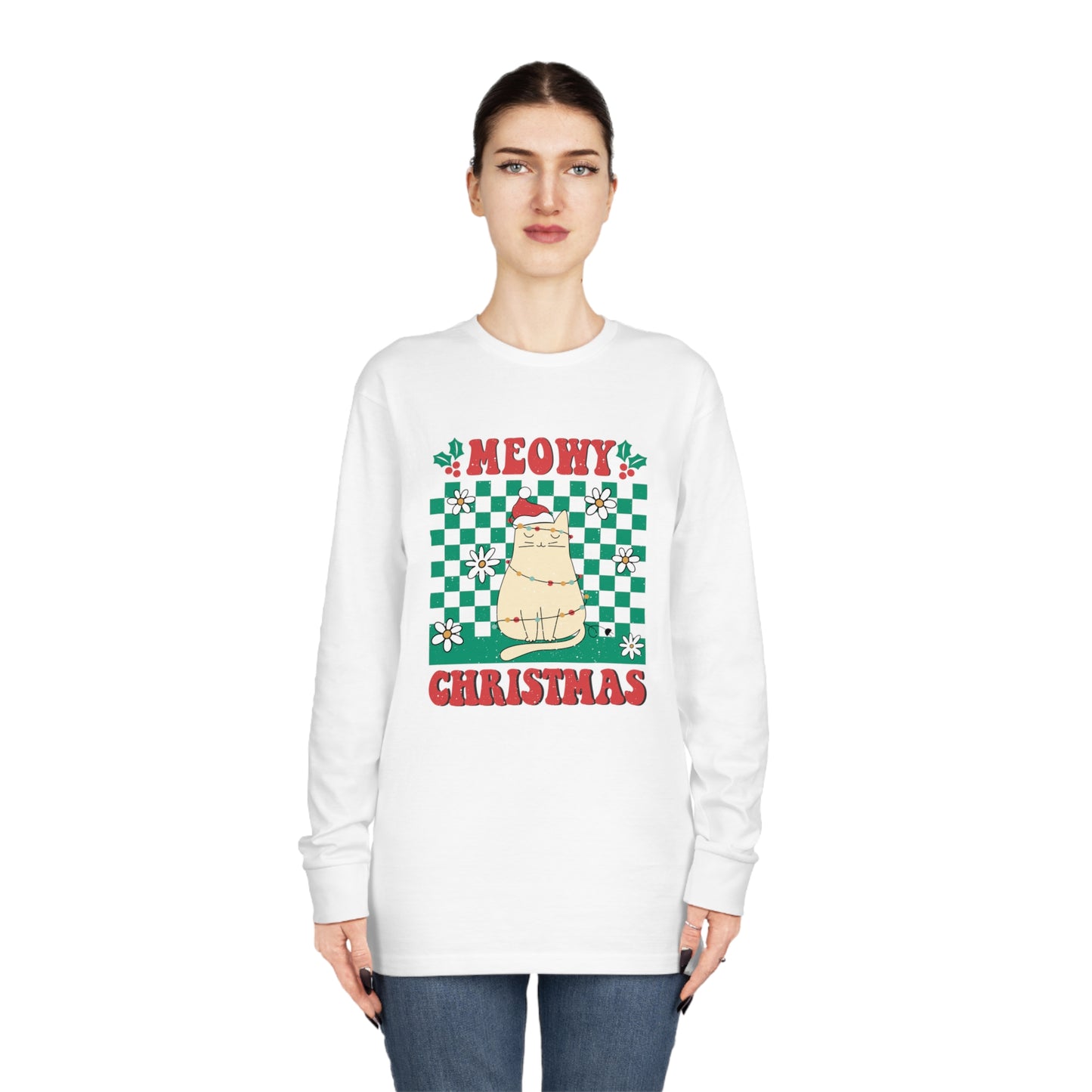 Meowy Christmas Cat In Christmas Lights Green Ugly Sweater Long Sleeve Tee