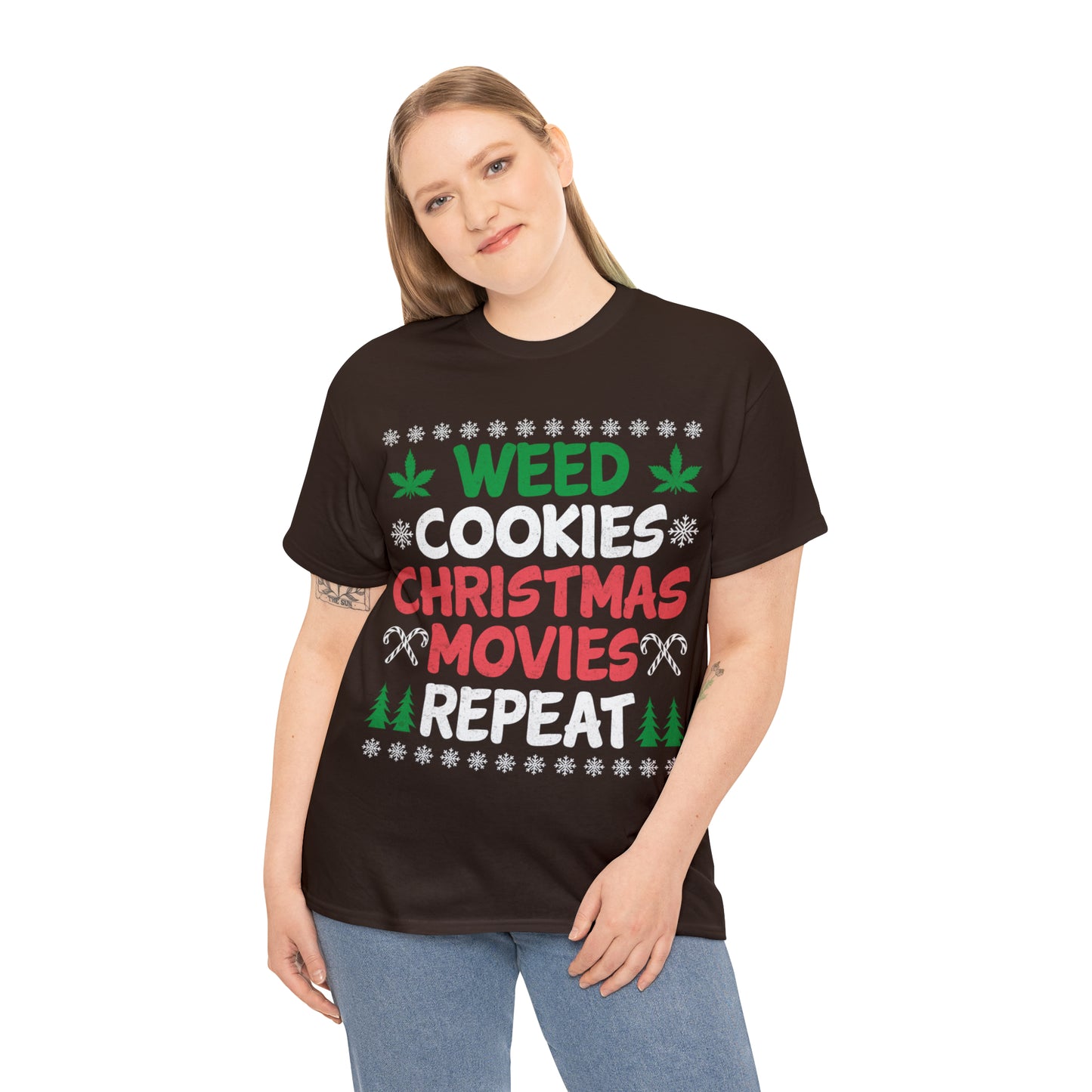 Weed Cookies Christmas Movies Repeat Christmas Ugly Sweater Short Sleeve Tee