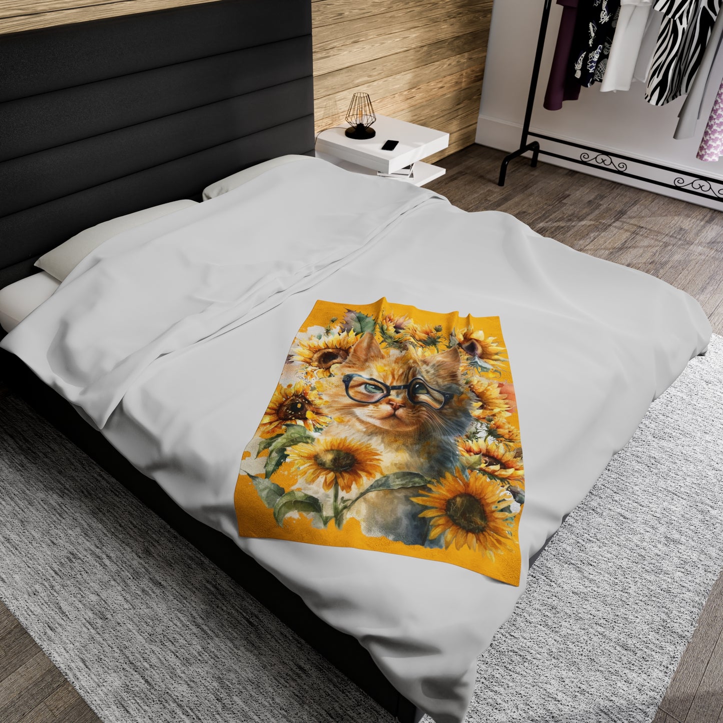 Watercolor Yellow Sunflowers with Cat in Glasses Blanket