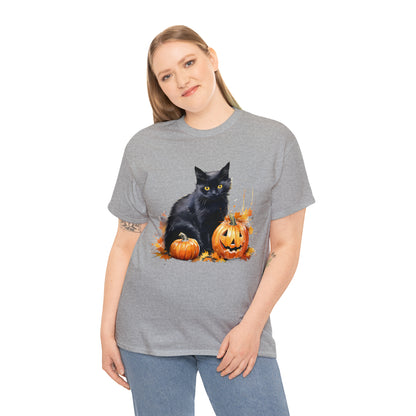 Black Cat with Pumpkin Halloween Short Sleeve Tee