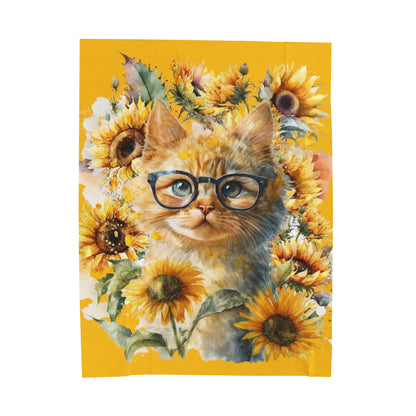 Watercolor Yellow Sunflowers with Cat in Glasses Blanket