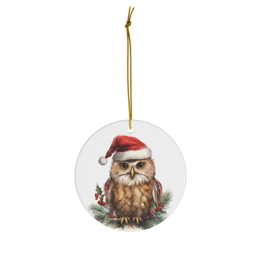 Owl in Santa Hat Christmas Ceramic Ornament