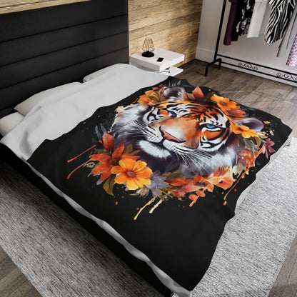 Tiger Head with Flowers Blanket