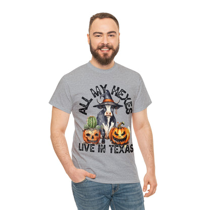 All My Hexes Live In Texas Cow With Pumpkins Halloween Short Sleeve Tee