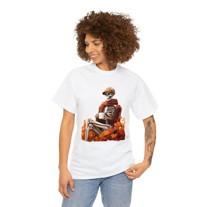 Skeleton in Fedora Sitting With Fall Leaves Halloween Short Sleeve Tee