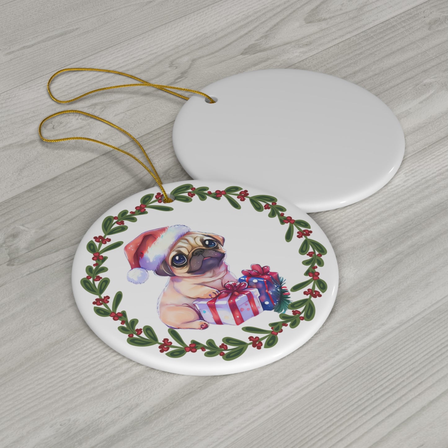 Pug Sitting with Presents Christmas Ceramic Ornament