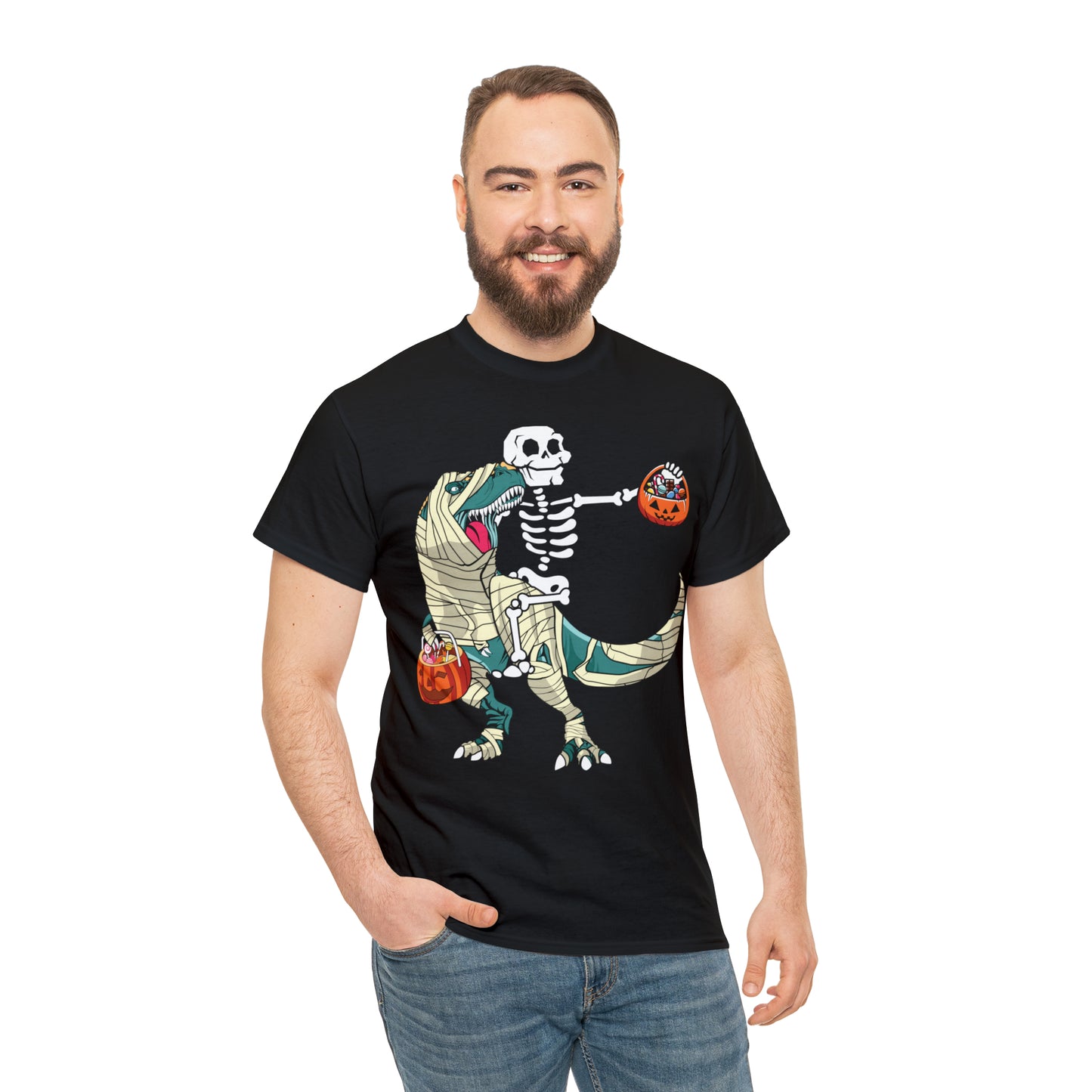 Skeleton Riding Mummy Dinosaur Halloween Short Sleeve Tee