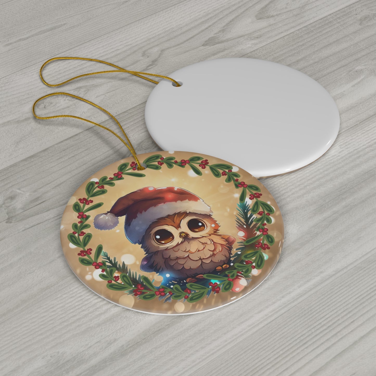 Owl in Santa Hat Christmas Ceramic Ornament