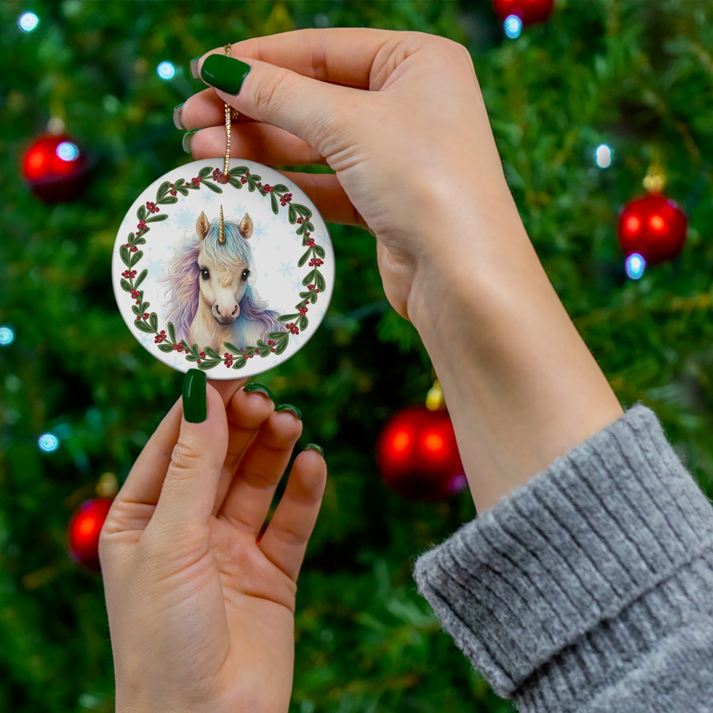 Mystical Unicorn Christmas Ceramic Ornament