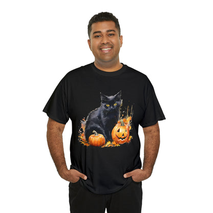 Black Cat with Pumpkin Halloween Short Sleeve Tee