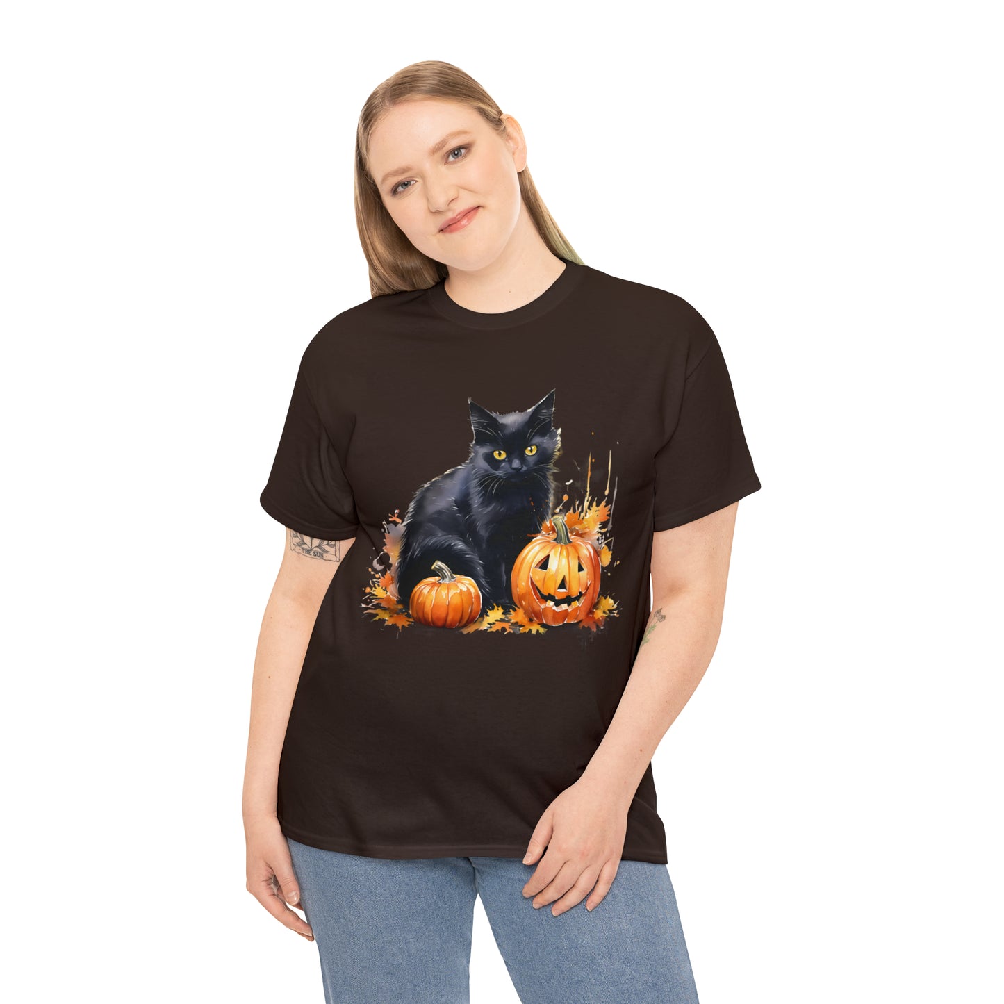 Black Cat with Pumpkin Halloween Short Sleeve Tee