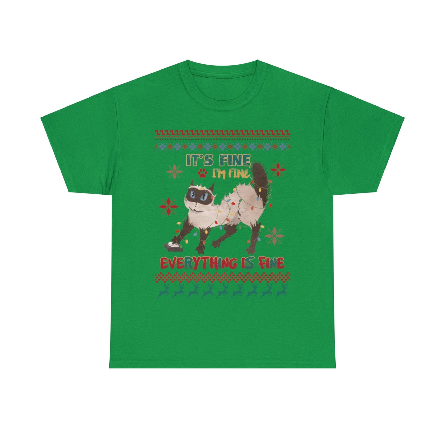 It's Fine I'm Fine Everything is Fine Cat in Lights Christmas Ugly Sweater Short Sleeve Tee