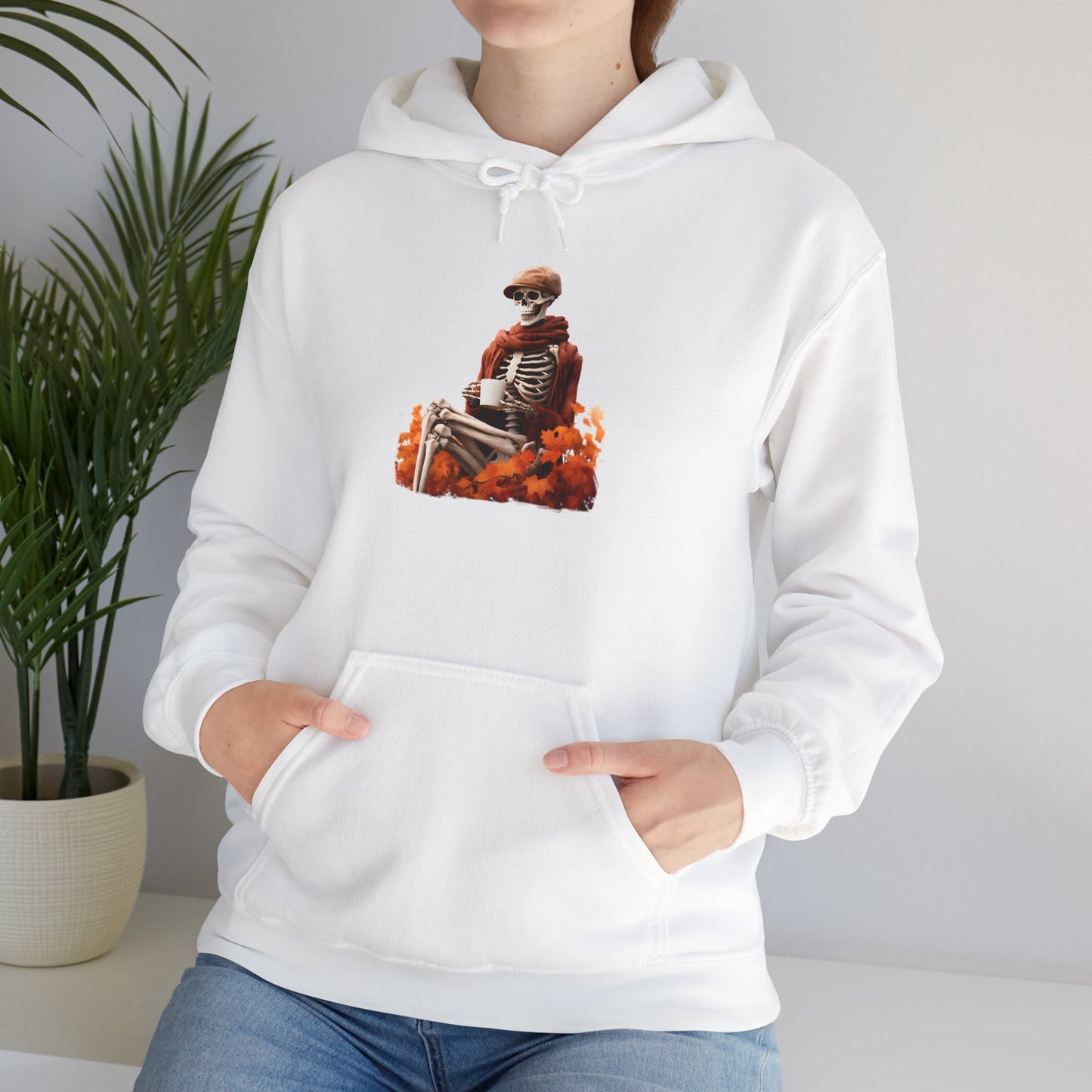 Skeleton in Fedora Sitting With Fall Leaves Pullover Hoodie