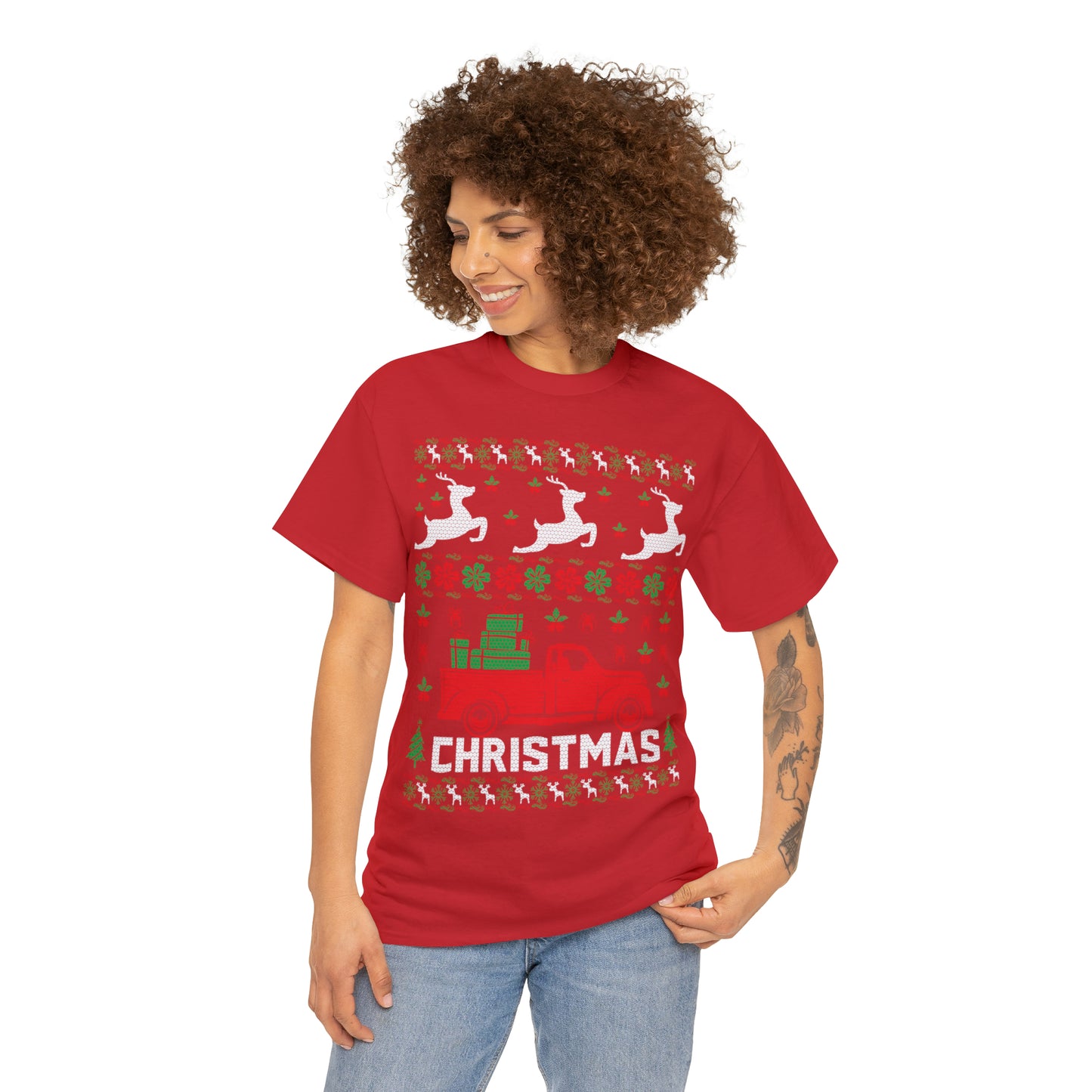 Red Merry Christmas Truck Ugly Sweater Short Sleeve Tee