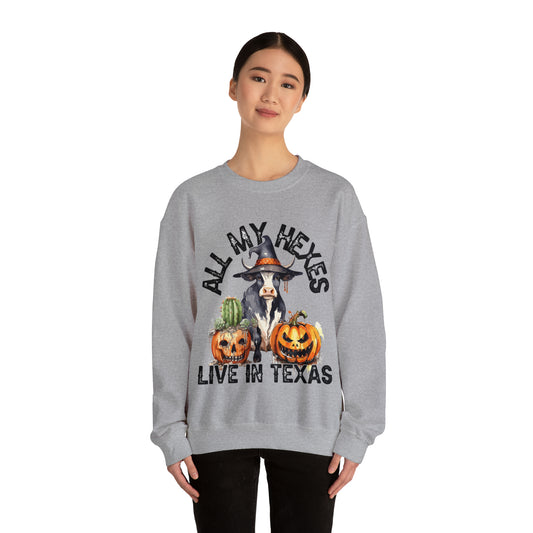 All My Hexes Live In Texas Cow With Pumpkins Halloween Sweatshirt