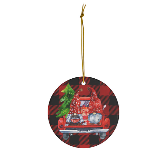 Mr & Mrs Gnome on Truck Christmas Ceramic Ornament