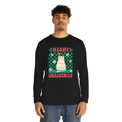 Meowy Christmas Cat In Christmas Lights Green Ugly Sweater Long Sleeve Tee