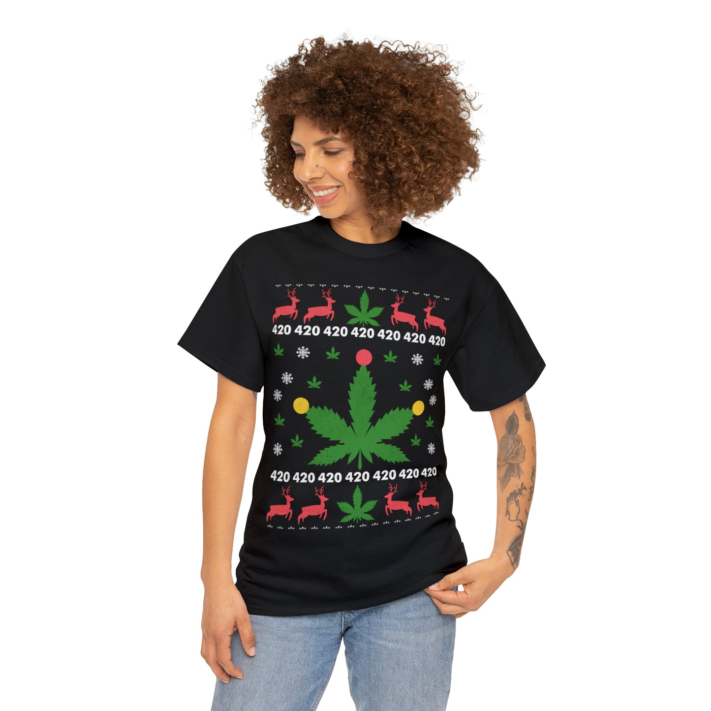 Cannabis Leaf with Lights Christmas Ugly Sweater Short Sleeve Tee