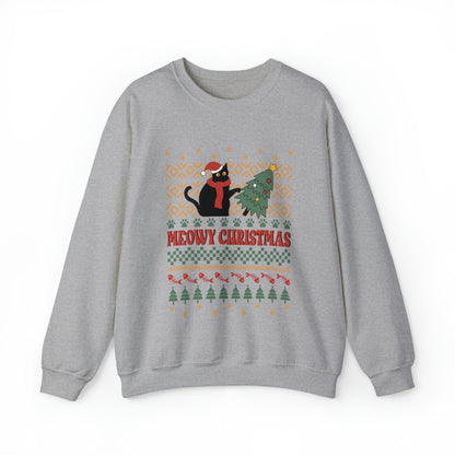 Meowy Christmas Cat Tipping Over Tree Ugly Sweater  Sweatshirt
