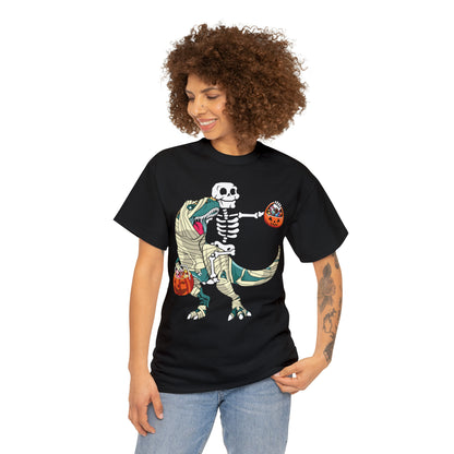 Skeleton Riding Mummy Dinosaur Halloween Short Sleeve Tee