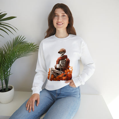 Skeleton in Fedora Sitting With Fall Leaves Halloween Sweatshirt