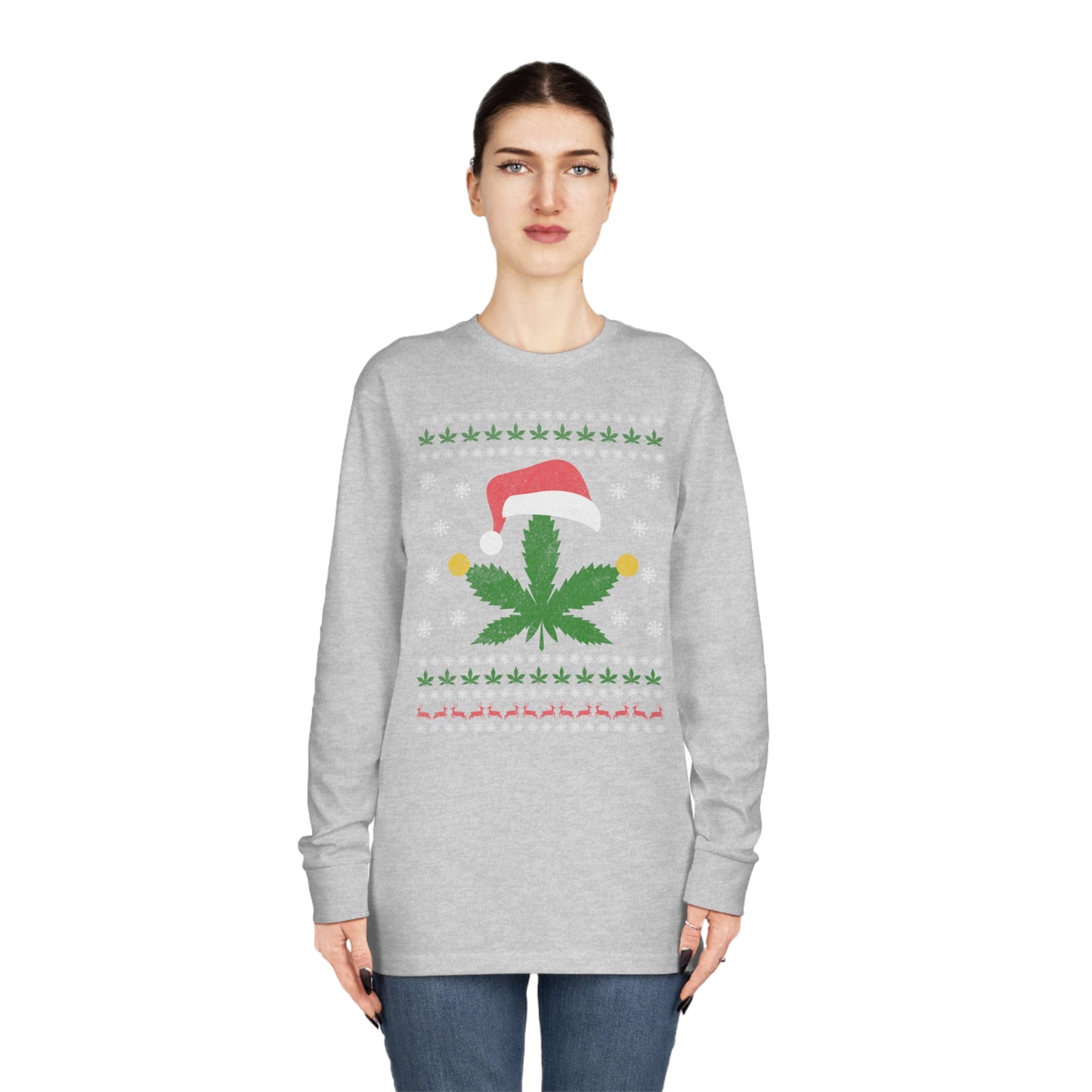 Cannabis Leaf in Santa Hat Christmas Ugly Sweater Long Sleeve T-shirt