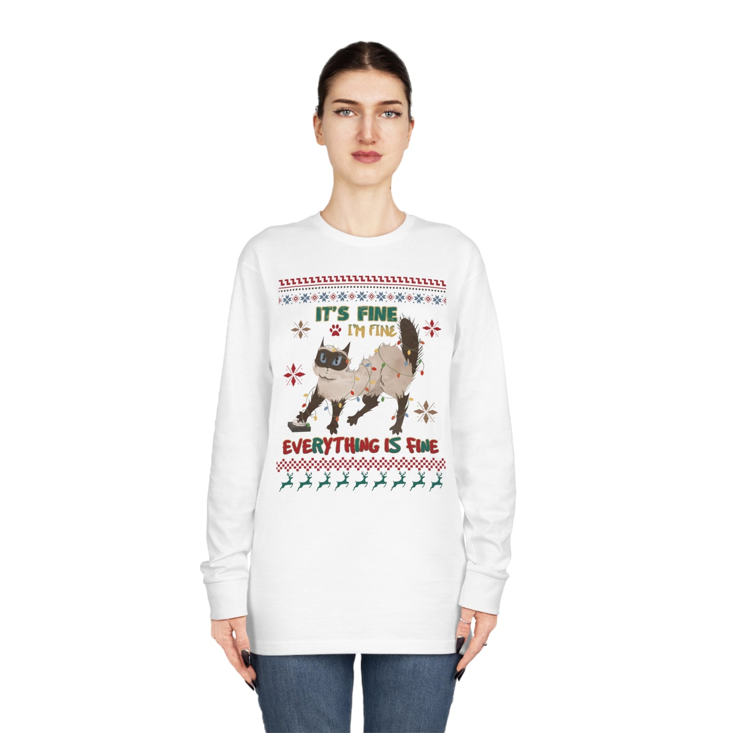 It's Fine I'm Fine Everything is Fine Cat in Lights Christmas Ugly Sweater Long Sleeve T-shirt