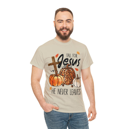 Fall For Jesus He Never Leaves Christian Halloween Short Sleeve Tee