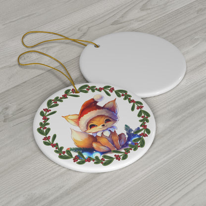 Fox in Santa Hat Christmas Ceramic Ornament