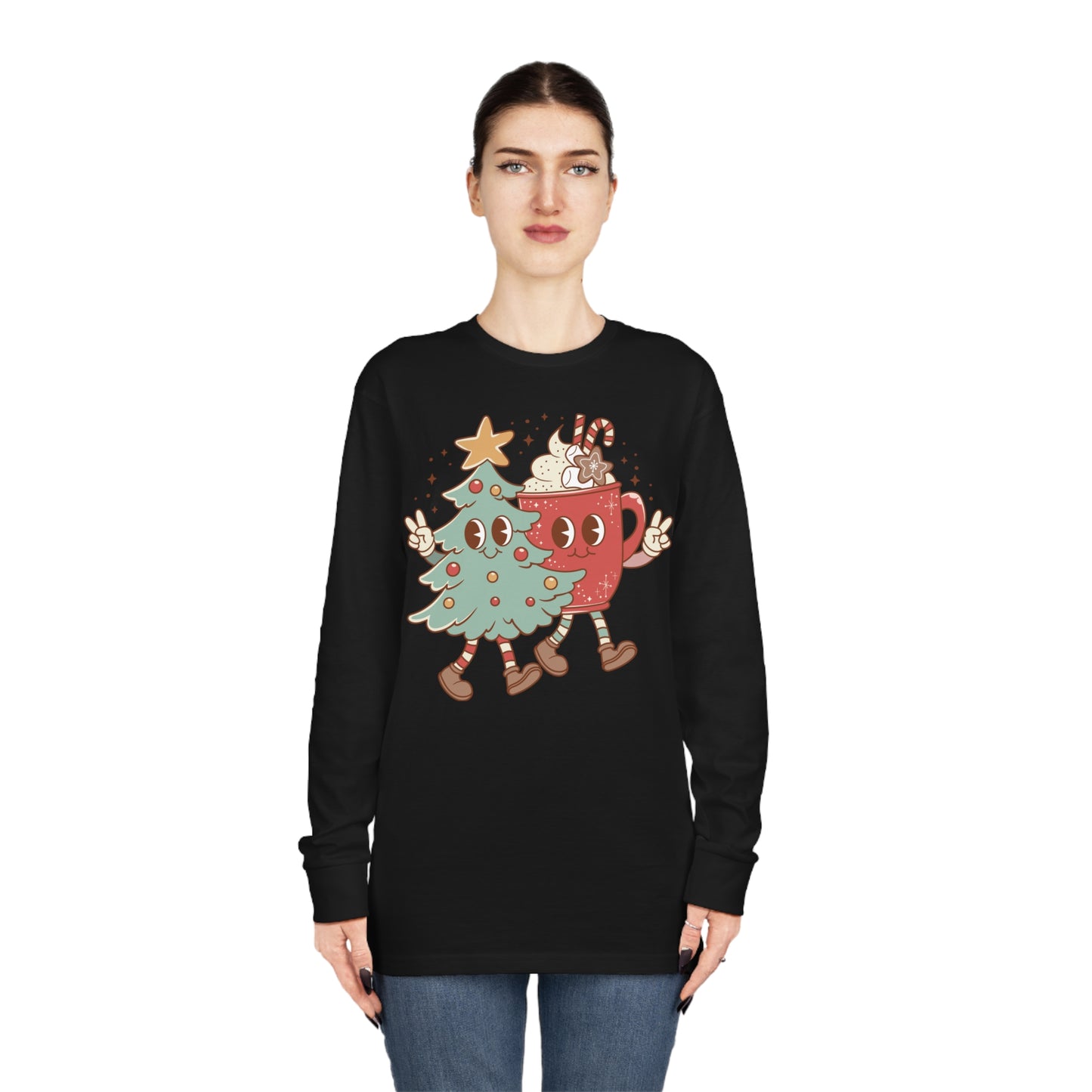 Retro Christmas Tree and Hot Cocoa Christmas Long Sleeve Tee