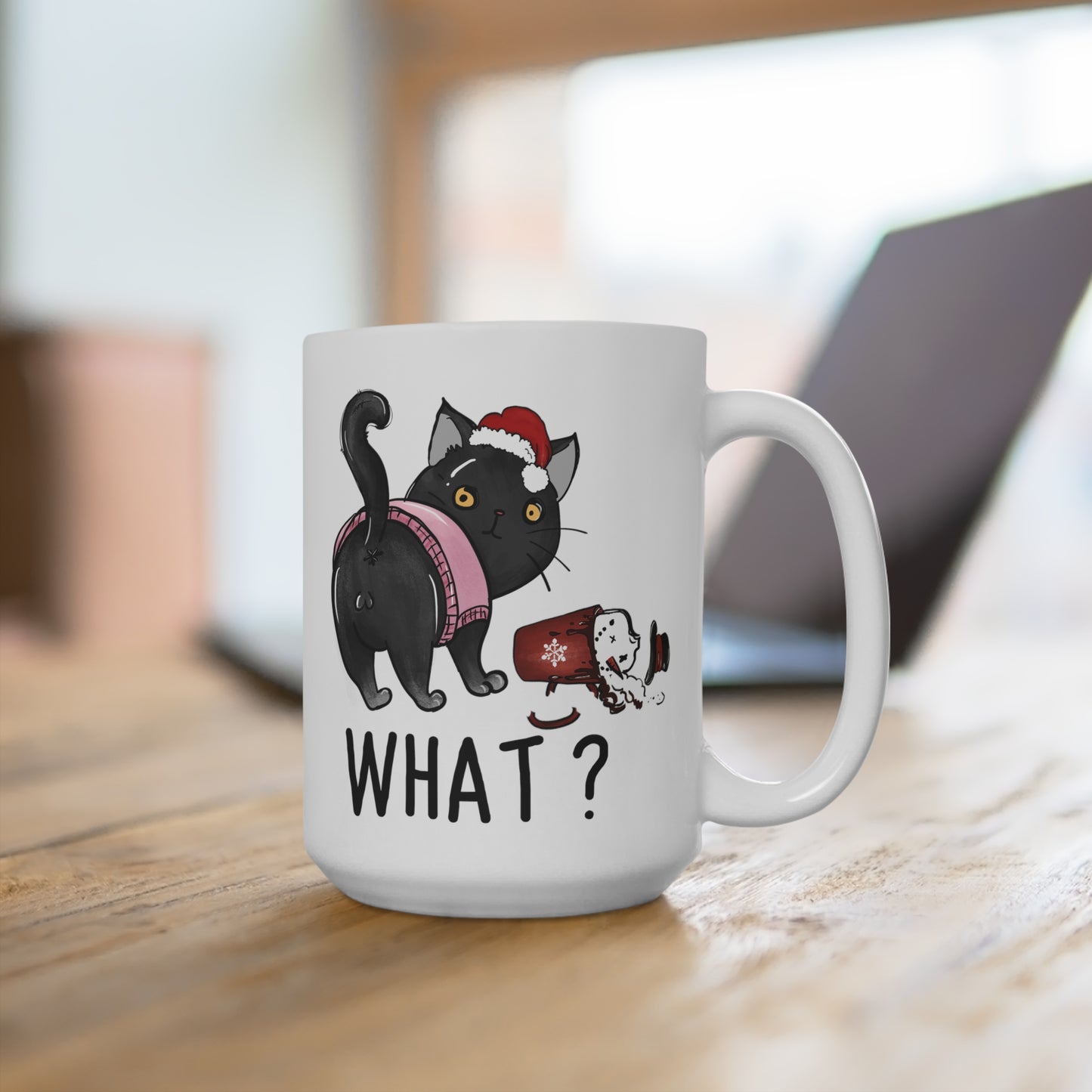 What? Cat Knocking Over Coffee Christmas Mug 15oz